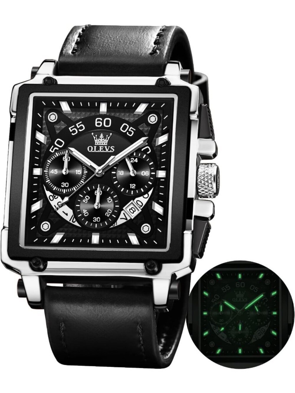 Men's Silver Black Quartz Leather Strap Waterproof Trendy Square Dial Wristwatch